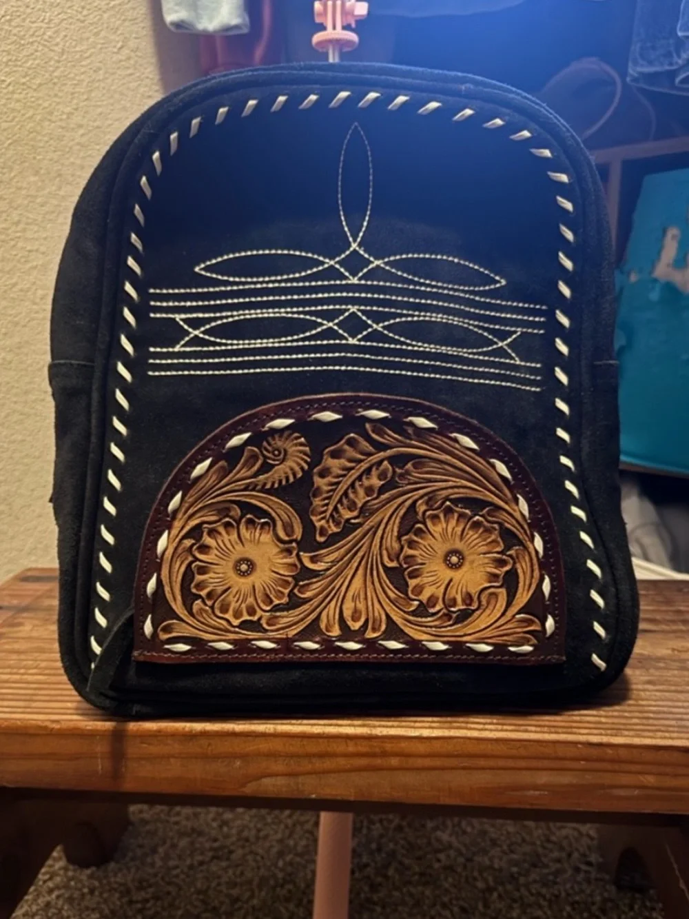 Black Suede Mini Backpack with Floral Leather Accent
